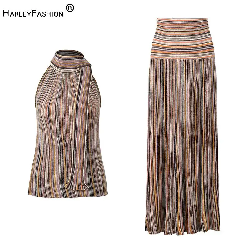 

2026 Lady Fashion Summer Knits Stripes Suit Halter Sleeveless Tops With Scarf Elastic Waist Long Mermaid Skirt Women 2Pcs