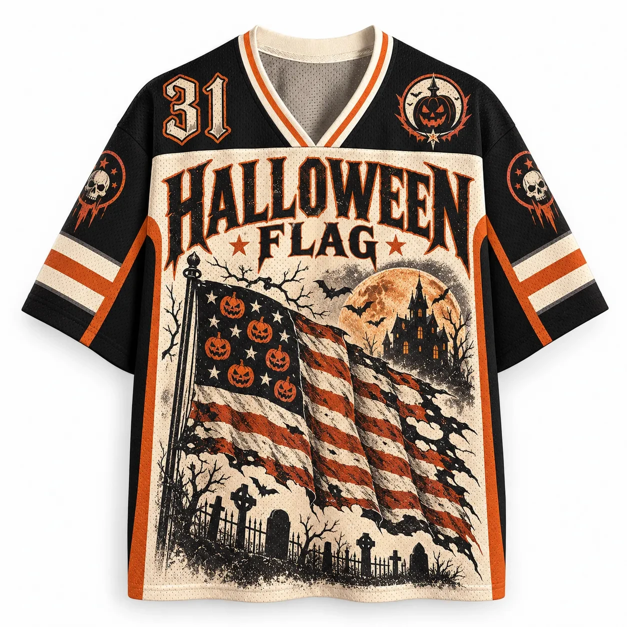 Halloween Jersey, Jack-o'-lantern Pumpkin American Flag Haunted Castle Graveyard 3D Print Unisex Streetwear for Trick or Treat