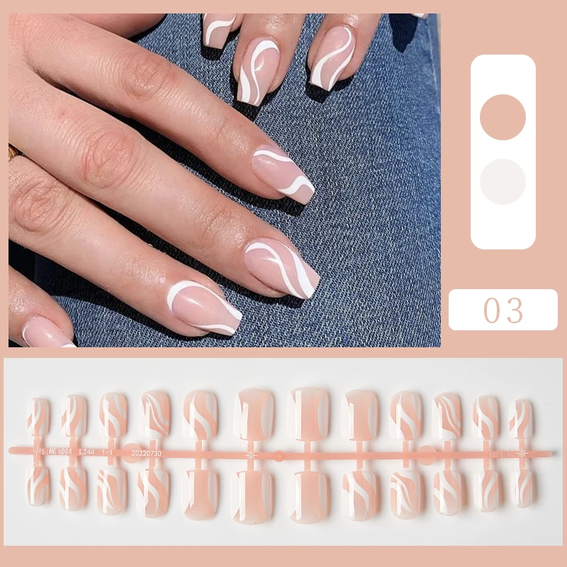 24Pcs Matte Round Head False Nail Art No Glue Press on Nails Full Cover Pink White Short Square Detachable Artificial Fake Nails