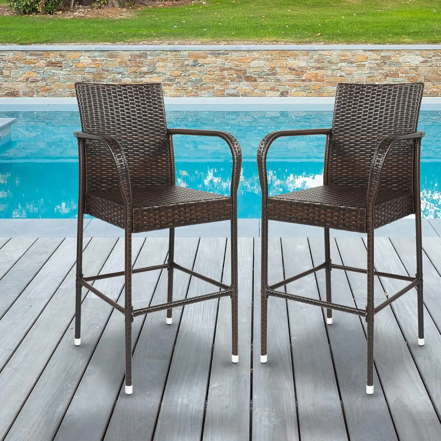 Patio Bar Stools Set of 2, High Counter Chair Outdoor Garden Balcony Lawn Furniture, Metal Frame Weather Resistant, Customized