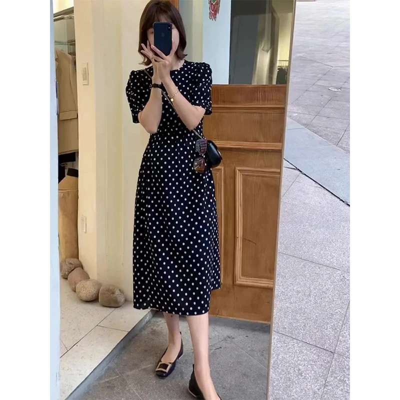 

Шифоновое платье больших размеров на весну и лето в горошек, женское платье с высокой талией для похудения Хепберн, маленькое платье средней длины для поездок на работу