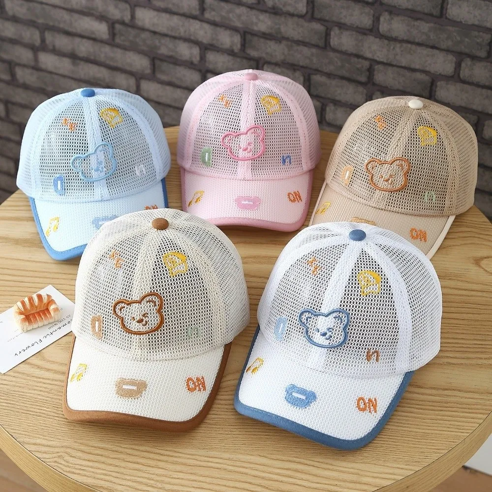 Cute Cartoon Bear Baseball Cap Mesh Breathable Adjustable Velcro Summer Hat Embroidered Lightweight Kid Sun Hat Boys Girls