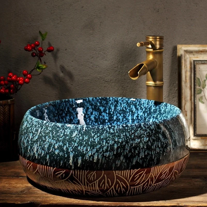Designer Sink Bathroom Furniture Retro Ceramic Basin New Chinese Bathroom Sinks Creative Kiln Light Luxury Countertop Sink