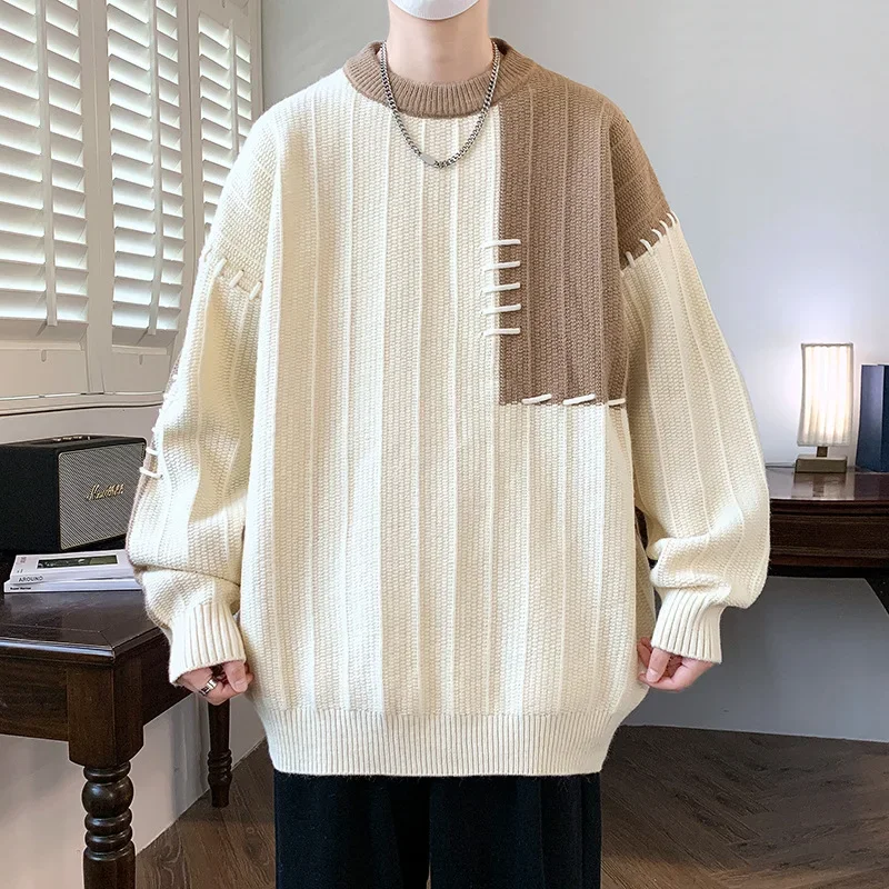 Men's Autumn/Winter Trendy Loose-Fit Casual Idle Style Design Sensibility Pullover Knitted Top Color Blocking Sweater