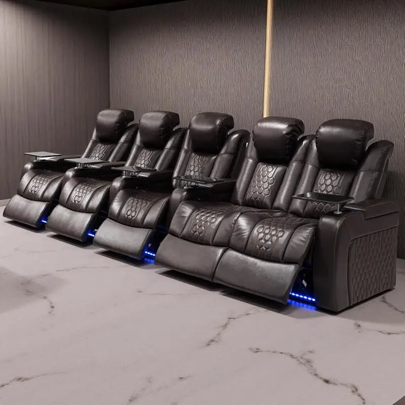 Sillón reclinable eléctrico de 155,5 ", 5 unidades, cuero de grano superior, relajación totalmente ajustable, carga inteligente, iluminación LED RGB, Color café