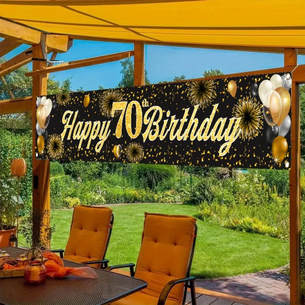 2D-Flachbanner zum 70. Geburtstag – schwarzer Glitzer-Text, Gedenkdekoration zum 70. Jahrestag, langlebige Partyflagge, geeignet für – Detail 2