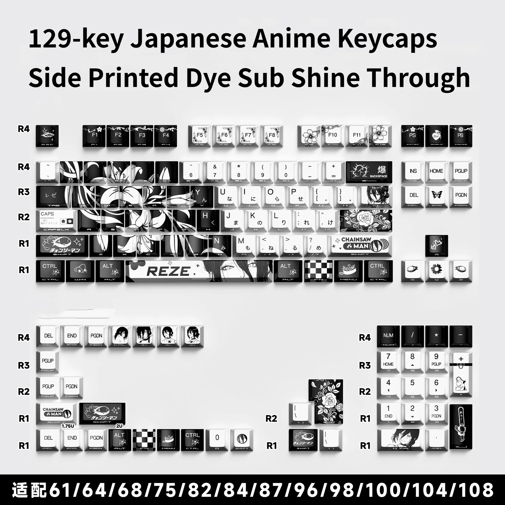 New Reze Cherry Profile PBT Keycaps 5-Side Dye Sub Side Print Shine Through Japanese/Russian Cyrillic Keyboard Caps 74/129 Keys - view 5