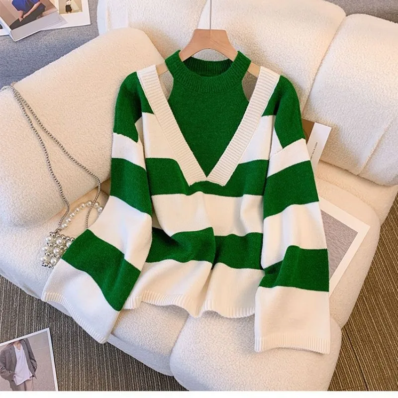 Fake Two Pieces Neck Show Shoulder Striped Women's Autumn 2024 New Long-sleeved Pullover Knitted Sweater Chic Top