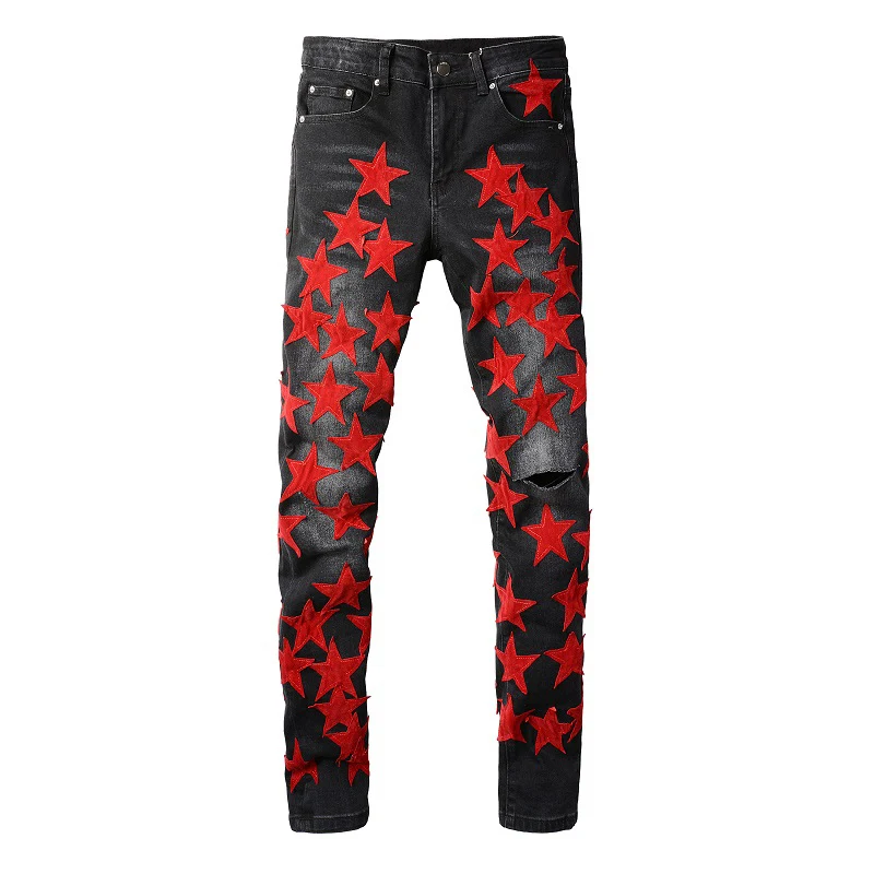 

Men Red Stars Patches Stretch Denim Jeans Streetwear Holes Ripped Pants Skinny Tapered Trousers