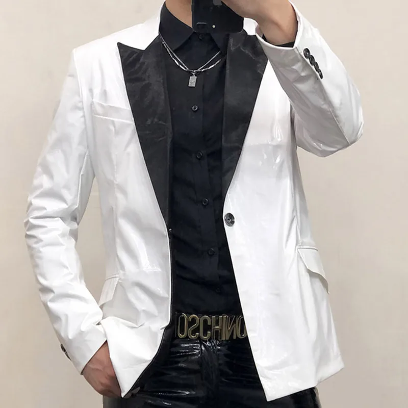 

Black Collision Shinny Mirror Pure White Bright Leather Suit Men's Slim Fitting Single Button Banquet Stage Performance Dress