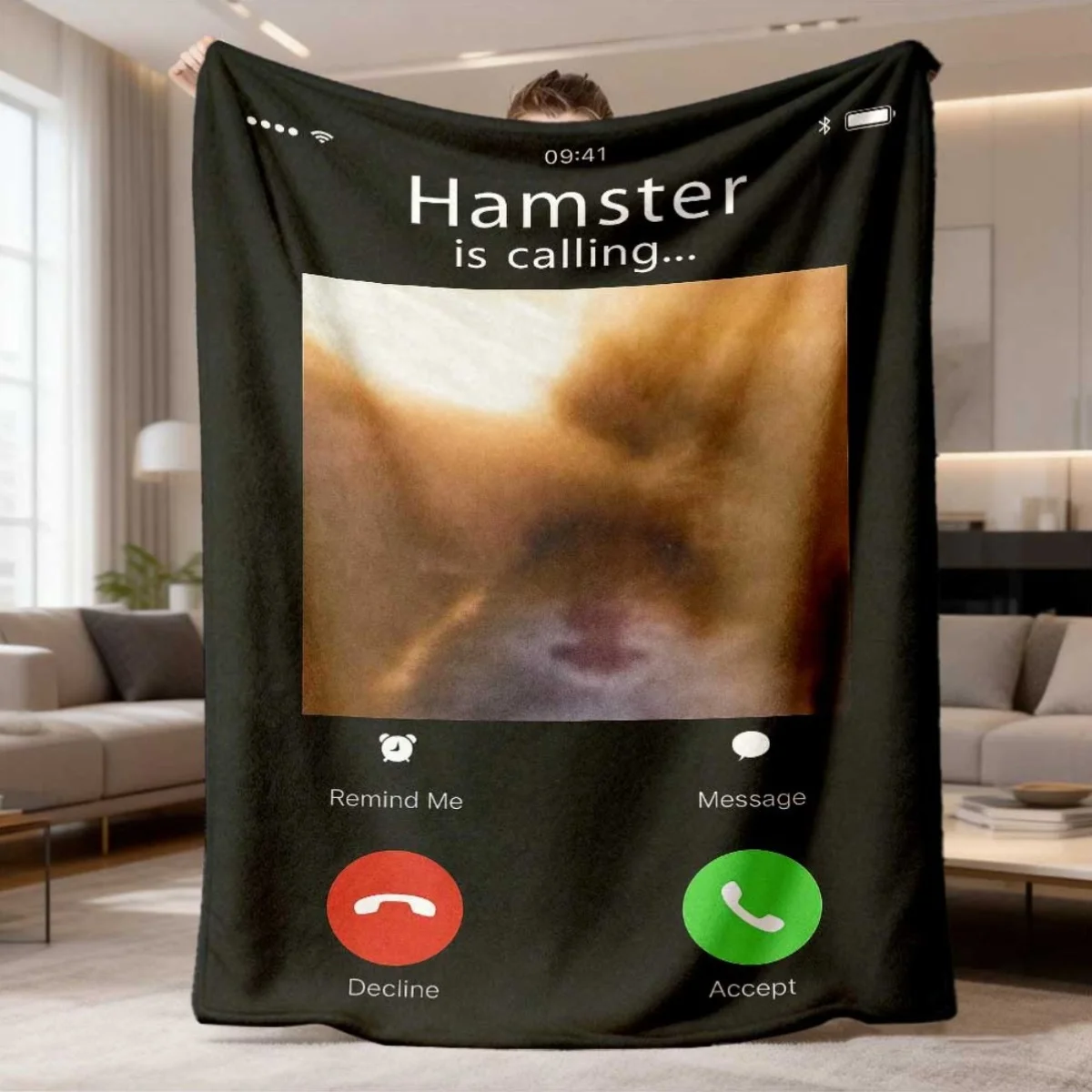 Cute Meme Hamster Call Throw Blanket, Mobile Incoming Call Design Warm Fleece for Couch Trip Household Funny Teenager Room Decor