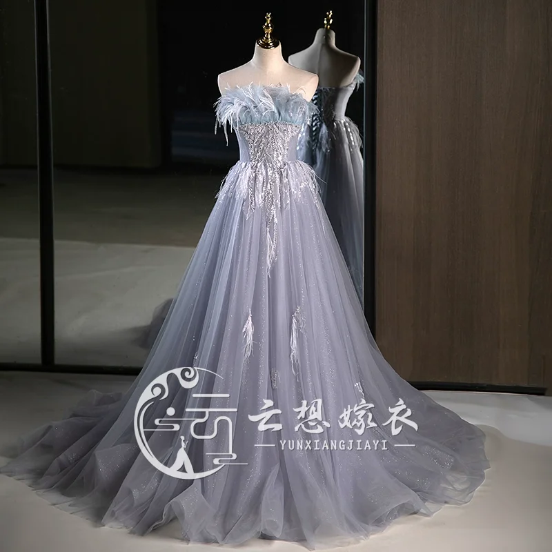 luxury grey blue feather beading masquerade ball gown stuido princess medieval dress/victorian belle ball