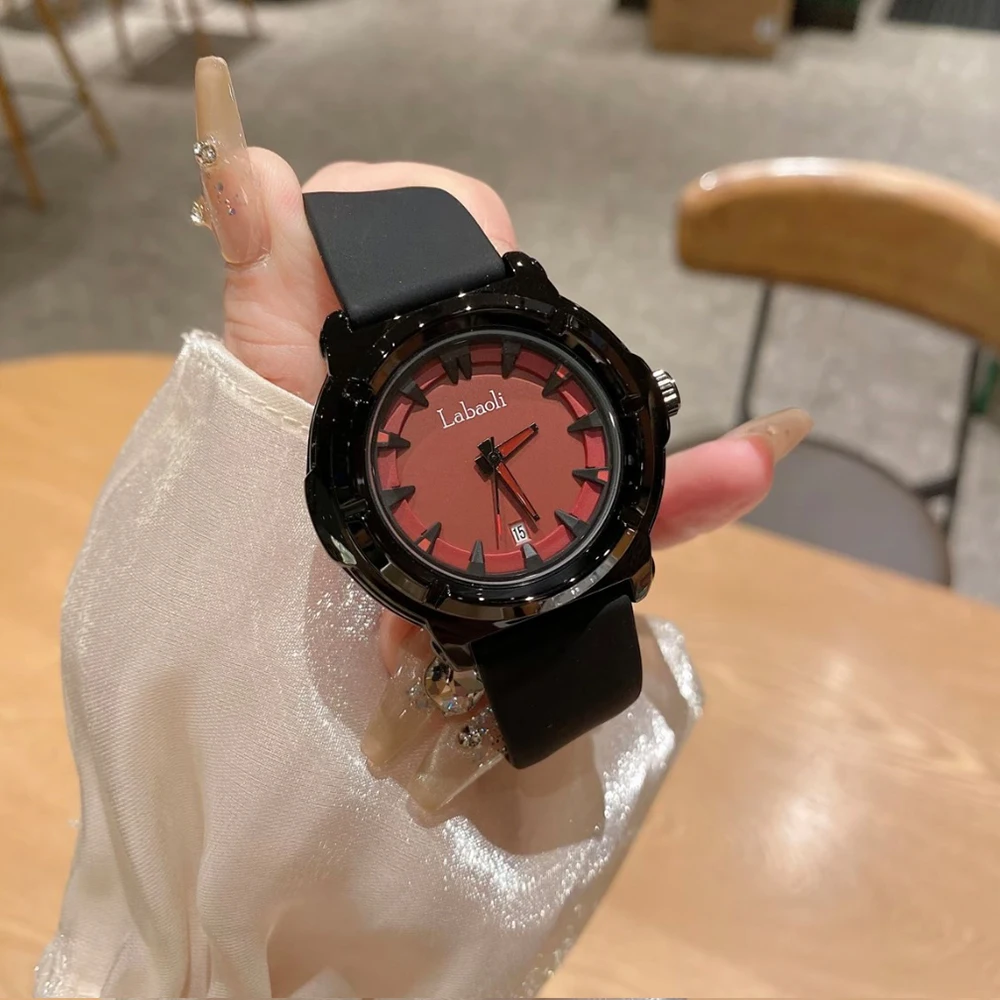 Elegant Women'S Watch, Stylish Large Dial Watch, High-End Black And Red Round Silicone Quartz Watch, A Perfect Gift For Women.