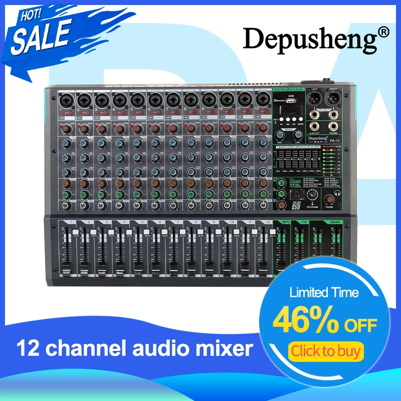 

Professional 12-Channel Audio Mixer Depusheng PA12 Portable Sound Mixing Console with 48V Phantom Power For Dynamic Microphone