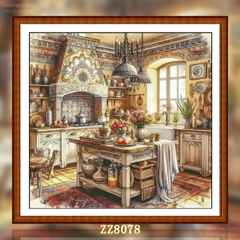 [[zz8078-american country kitchen] Stamped Cross Stitch Kit 14CT 18CT 16CT DIY Printed Canvas Cotton Thread Embroidery, Full Kit