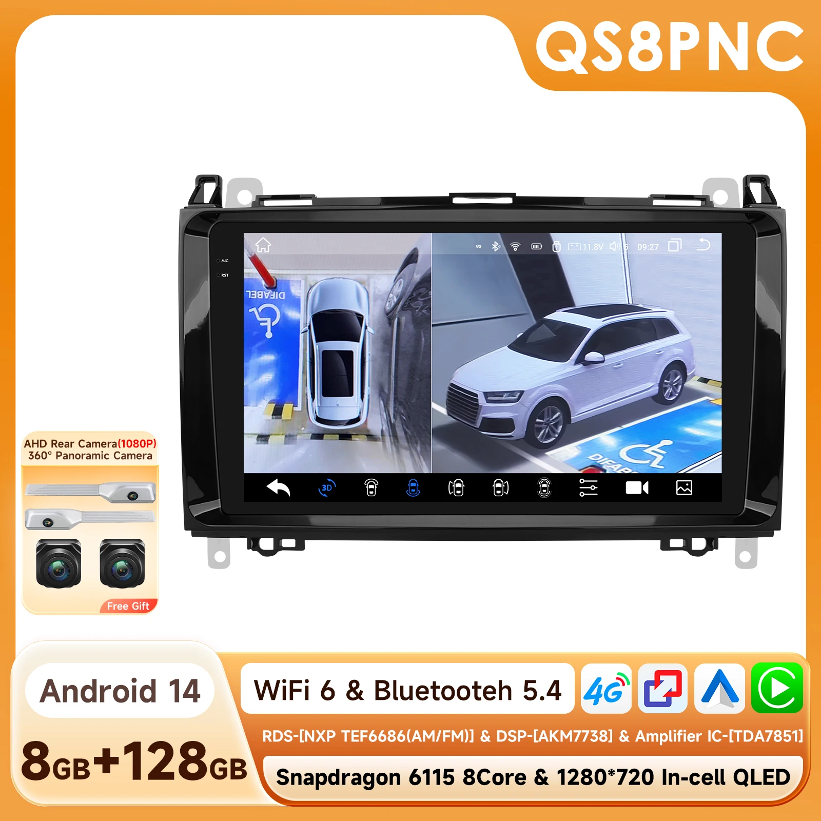 OSSURET Android Auto Speler voor Mercedes Benz W639 B200 W169 W245 Sprinter W906 Carplay Autoradio Multimedia door Snapdragon 6115