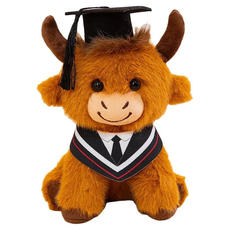 Simulation Highland Cow Plush Toy Wearing PhD Cap Cute Highland Cattle Doll Realistic Stuffed Animal Graduation Gift for Student
