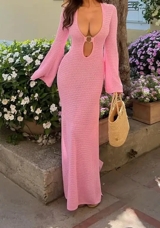 

Women Dresses 2026 Spring Summer New Sexy Deep V-Neck Long Sleeve Solid Color Casual Side Slit Daily Vacation Long Dress
