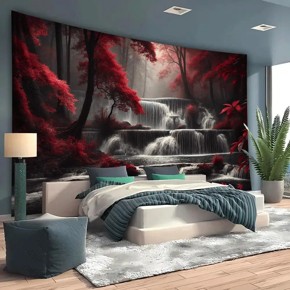 Dramatic Red Waterfall Forest Tapestry Mural Wall Hanging Polyester Print Home Decor Artwork Bedroom Living Room Natural Scene A