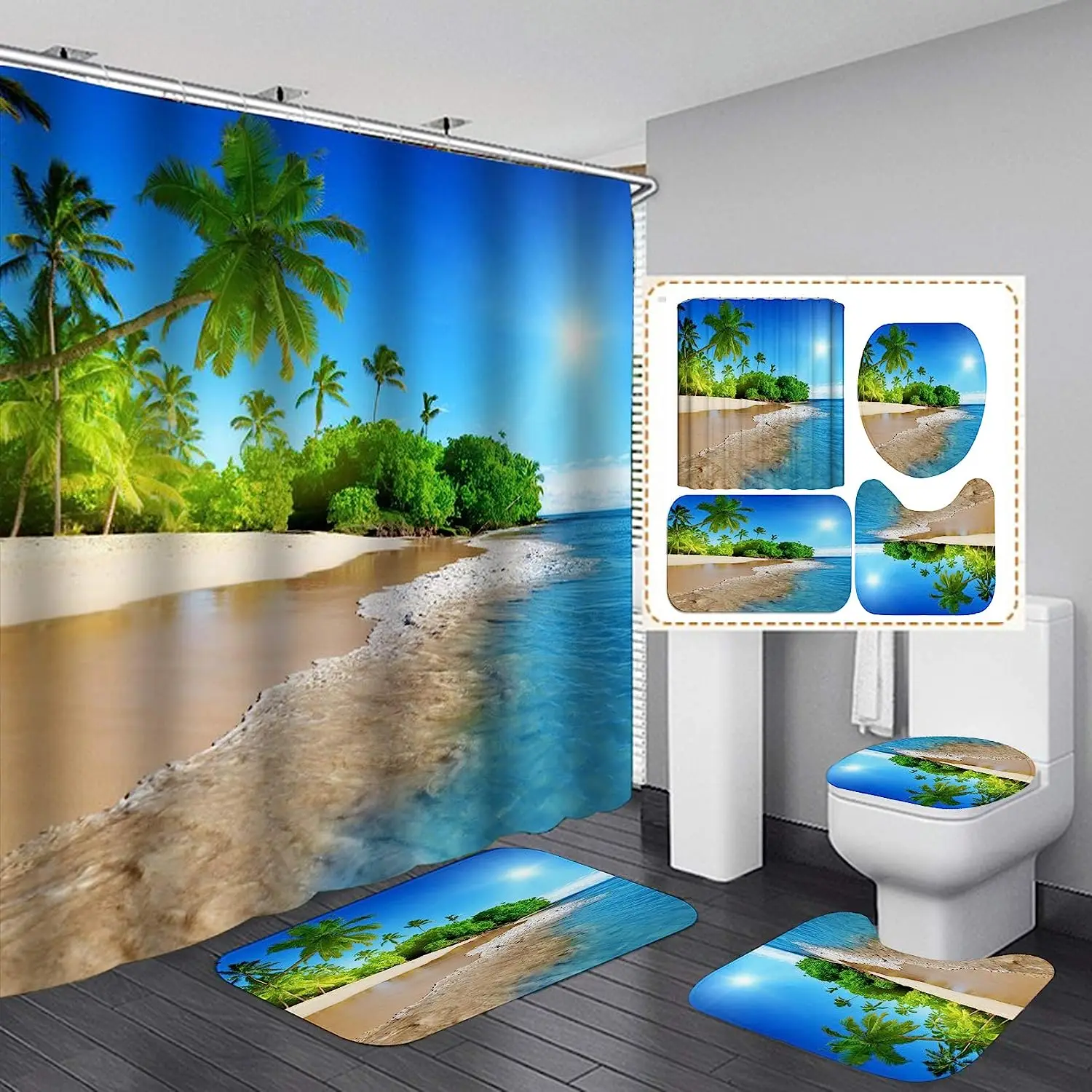 

Coastal Sunny Beach Scenery Shower Curtain Set Toilet Lid Cover Carpet Bath Mat Bathroom Decor 3D Print Bath Curtain with Hooks