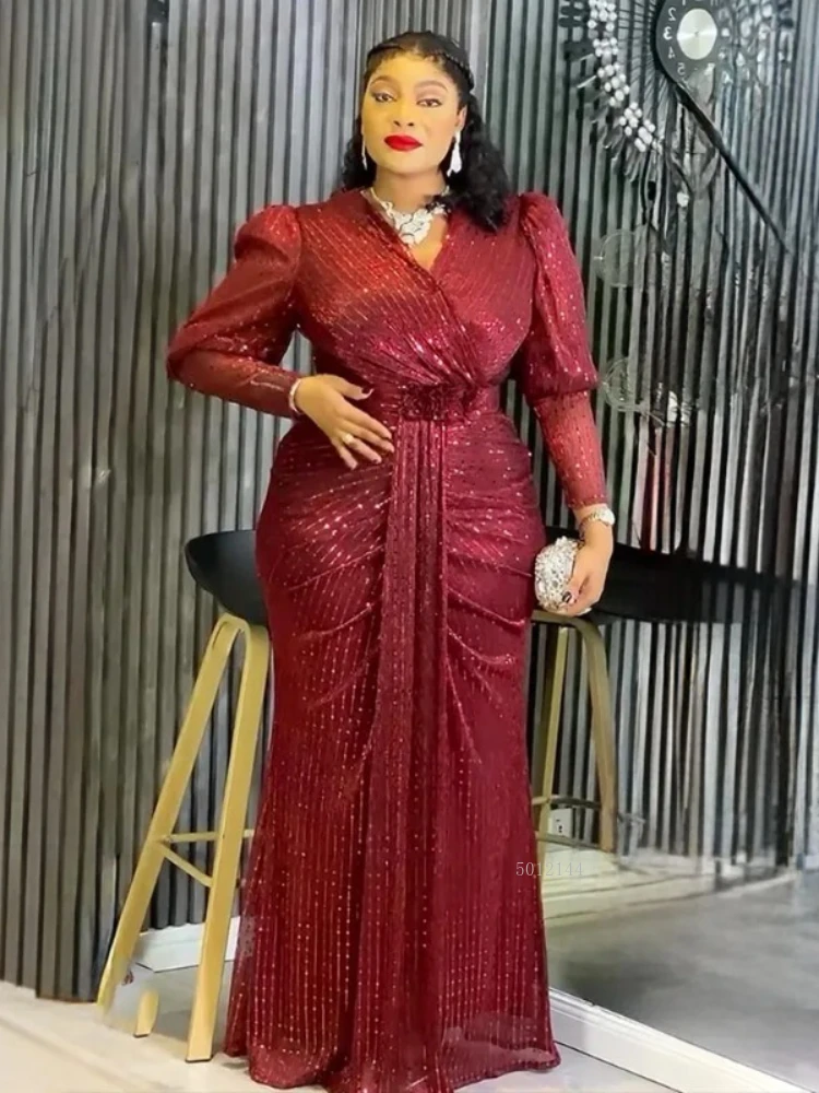 

African Party Dresses for Woman Africa Clothing Plus Size Dashiki Sequin Pink Robe Elegant Turkey Muslim Wedding Evening Gown