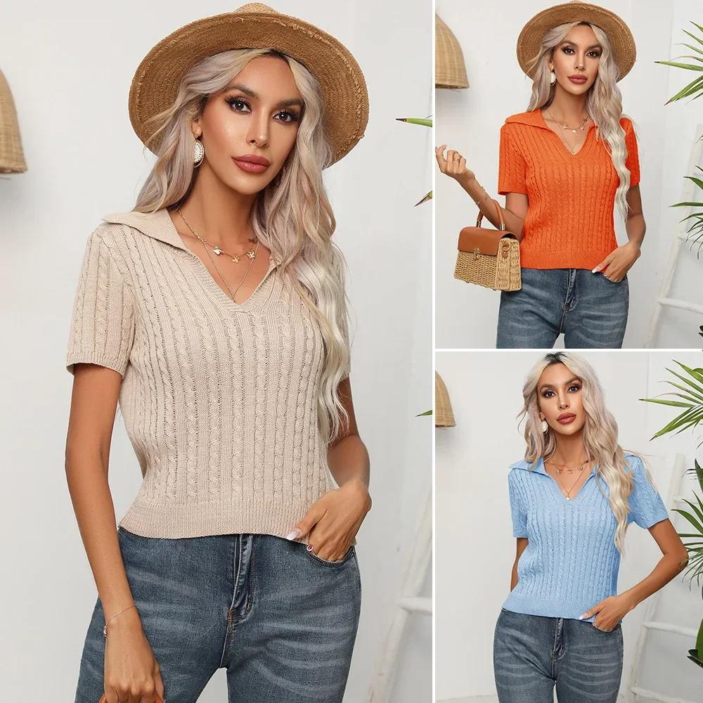 

New Summer Women's Knitted Tees V Neck Short Sleeve Tops For Women Solid Color Lapel Lades Tees Casual Pullovers Women's Tops