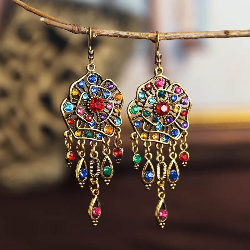 JK Antique Gold Filigree Multicolor Crystal Long Tassel Dangle Women Earrings, Bohemian Ornate Statement Wedding Earrings, Bride Gifts Fit Fourth of July, Christmas & Vintage Wedding Holiday Galas