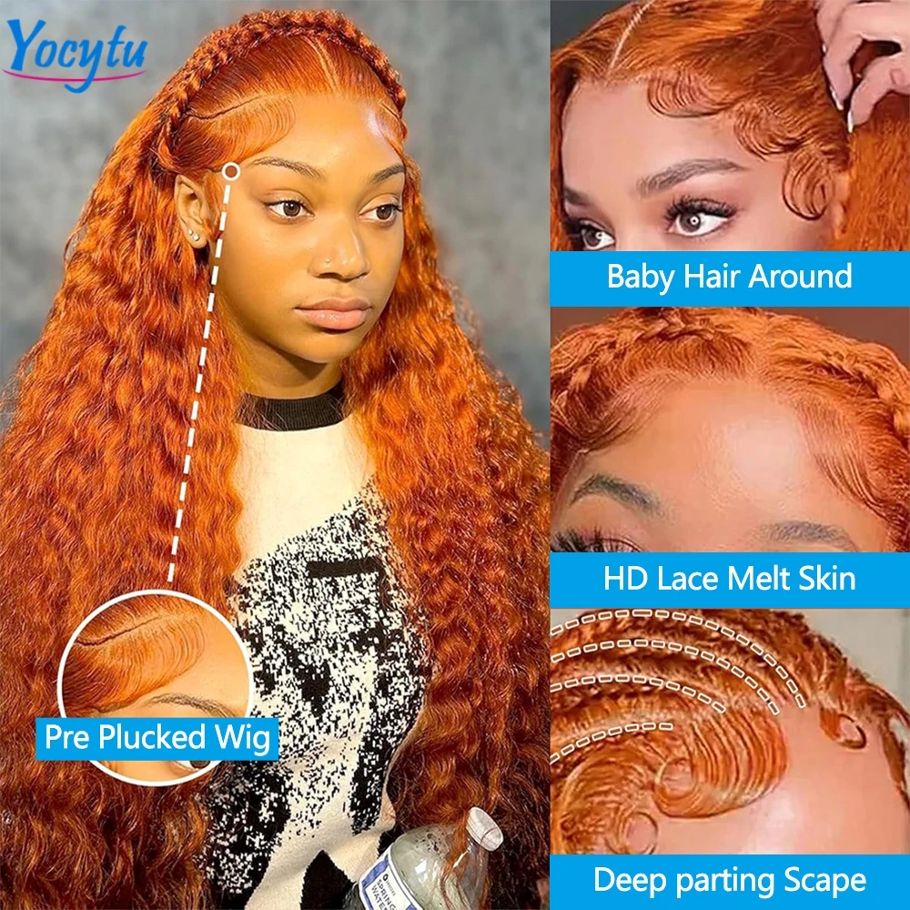 Ingwer-Perücke mit Spitzenfront, Echthaar, 200 % Dichte 350 # HD Lace Frontal Perücke 13x6 Wasser Lockiges Echthaar Perücke Transparente HD Lace Perücke – Detail 9