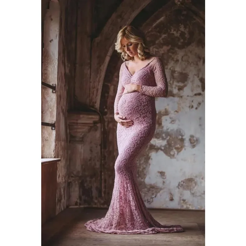 ชุดเดรสคลุมท้องลูกไม้แขนยาวเปิดไหล่ข้างเดียวสำหรับถ่ายภาพ ทรงเอ็มไพร์ ยาวคลุมข้อเท้า ทรงปกติสำหรับผู้หญิง