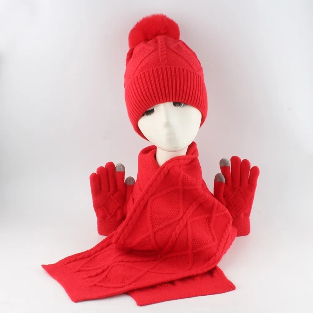 Yarmulke Conjunto de bufanda y gorro elástico con pantalla táctil, guantes cálidos a prueba de frío, gorro de lana con bola de felpa con estampado de rombos para exteriores