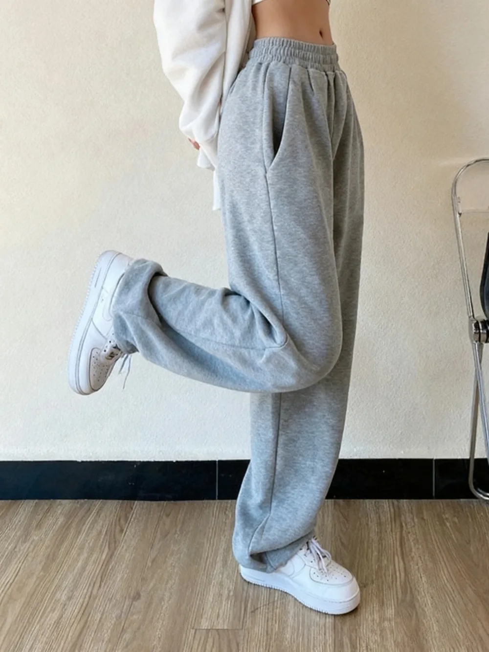 بنطال ركض مريح بأرجل مستقيمة بلون عادي لملابس الخريف والشتاء النسائية #5