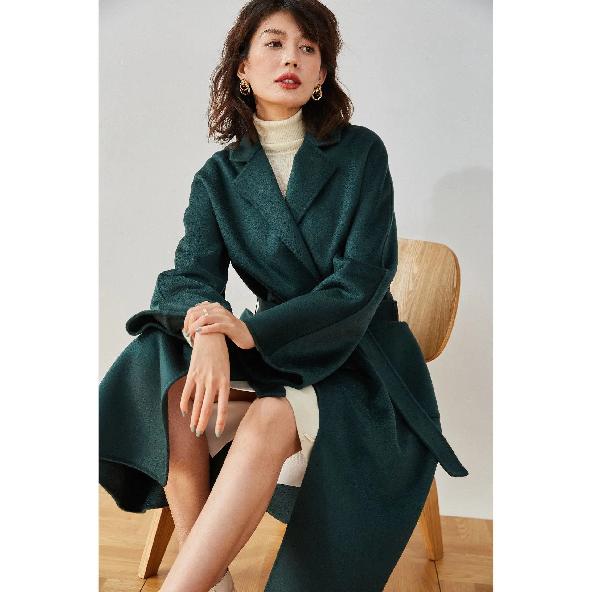 Winter Coat Women Long Water Ripple Cashmere Coat Casual Fashion Loose Camel Wool Coat Black Caramel Tie Coat Green Coat XL