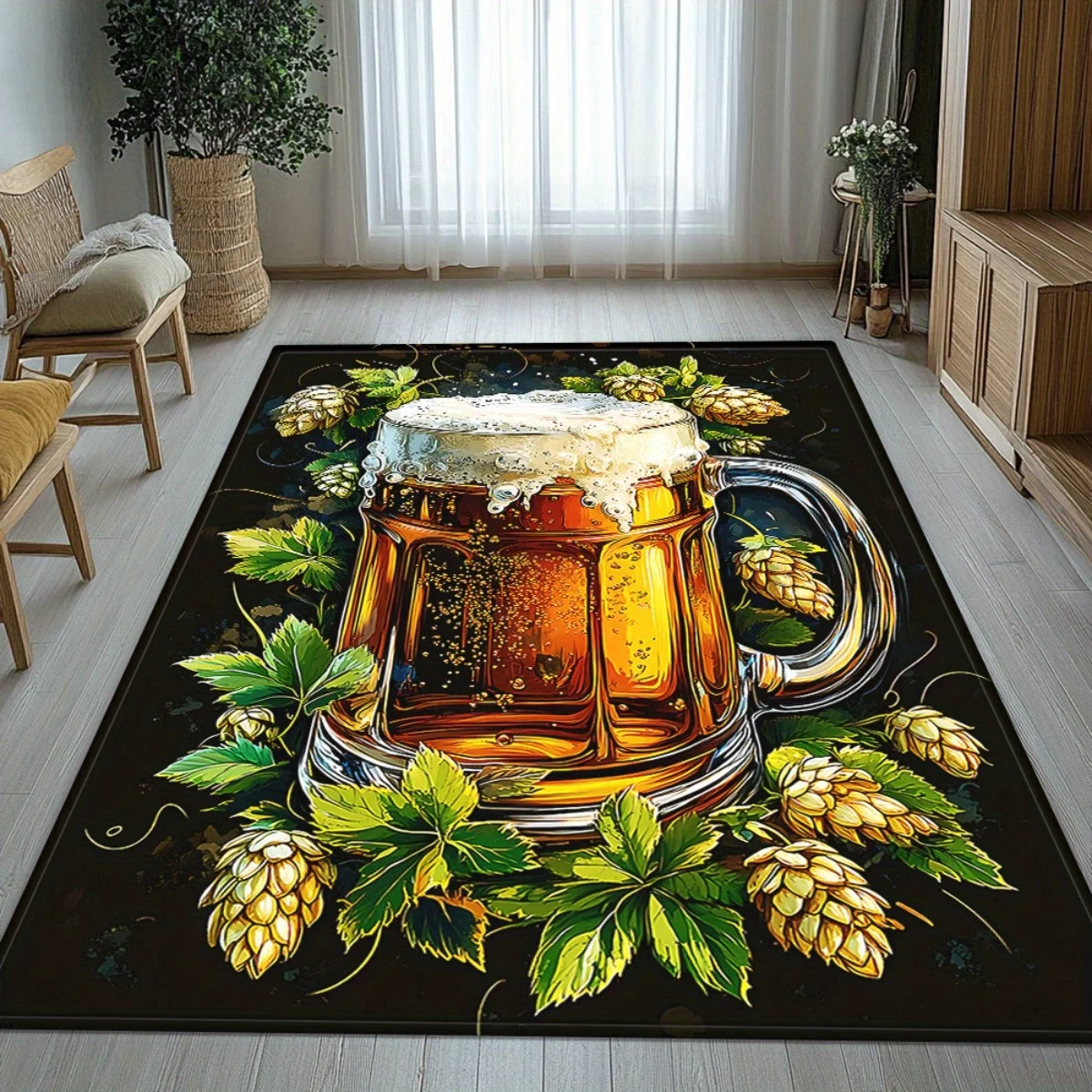 Beer Mug Doormat, Hops & Barley Entrance Rug, Oktoberfest Floor Mat, Non-slip Kitchen Carpet, Man Cave Bar Decor