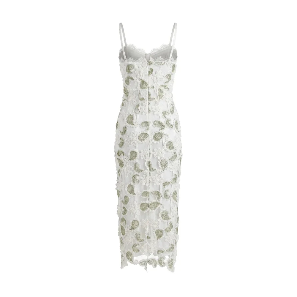 Elegant Sage Green Paisley Lace Midi Dress Women Sexy Spaghetti Strap Corset Bodycon Dresses Luxury Wedding Guest Prom Gown view 4