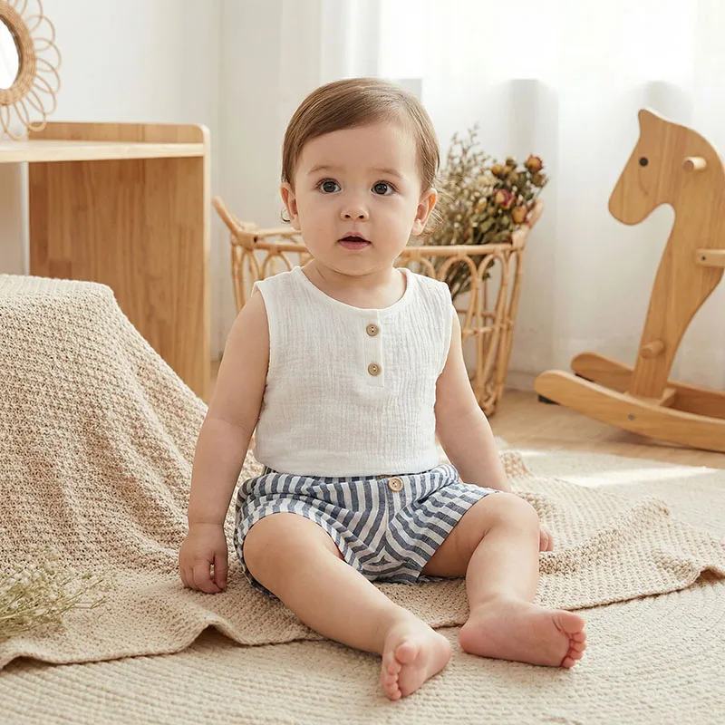 

Комплект летней одежды MILANCEL для маленьких мальчиков от 6 месяцев до 3 лет, удобная свободная футболка без рукавов для малышей + полосатые шорты, комплект одежды для младенцев, 2 шт.