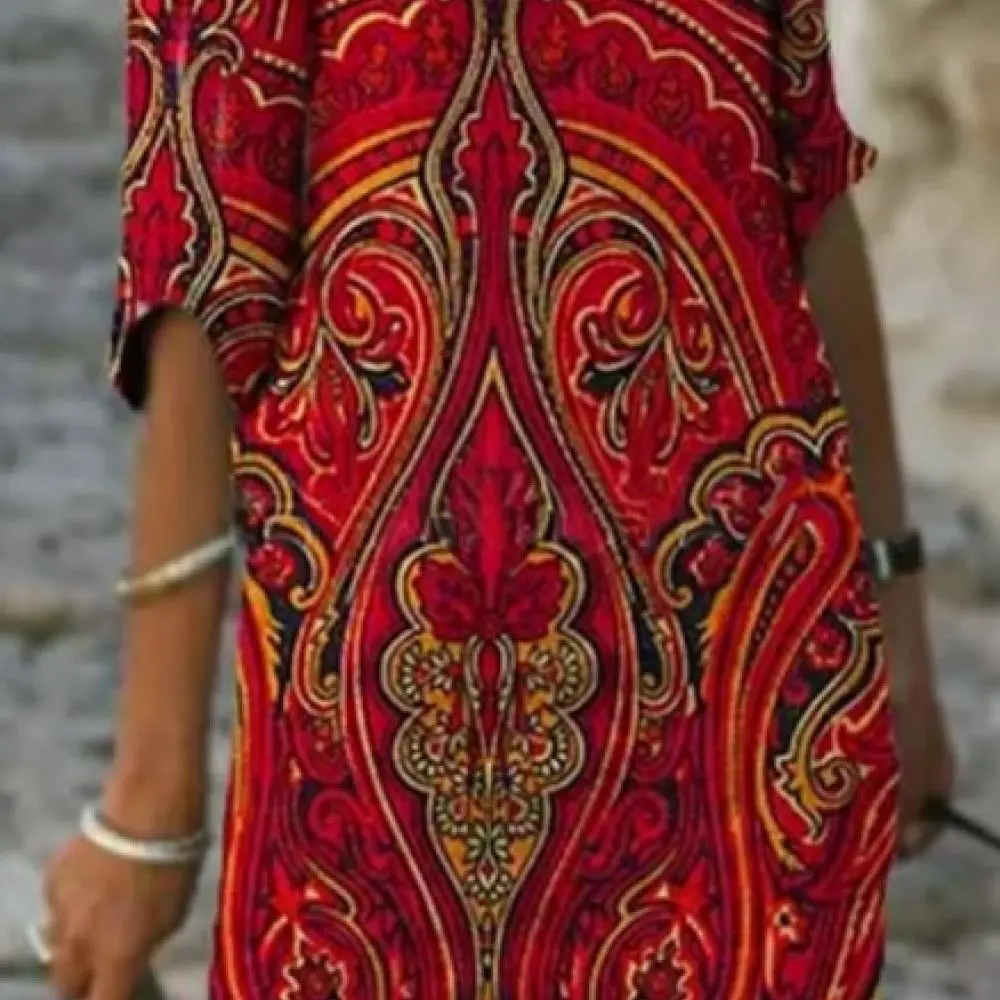 Summer Floral Dress Women Fashion V Neck Short Sleeve Casual Midi Elegant Loose Breathable Comfortable Polyester Clothing