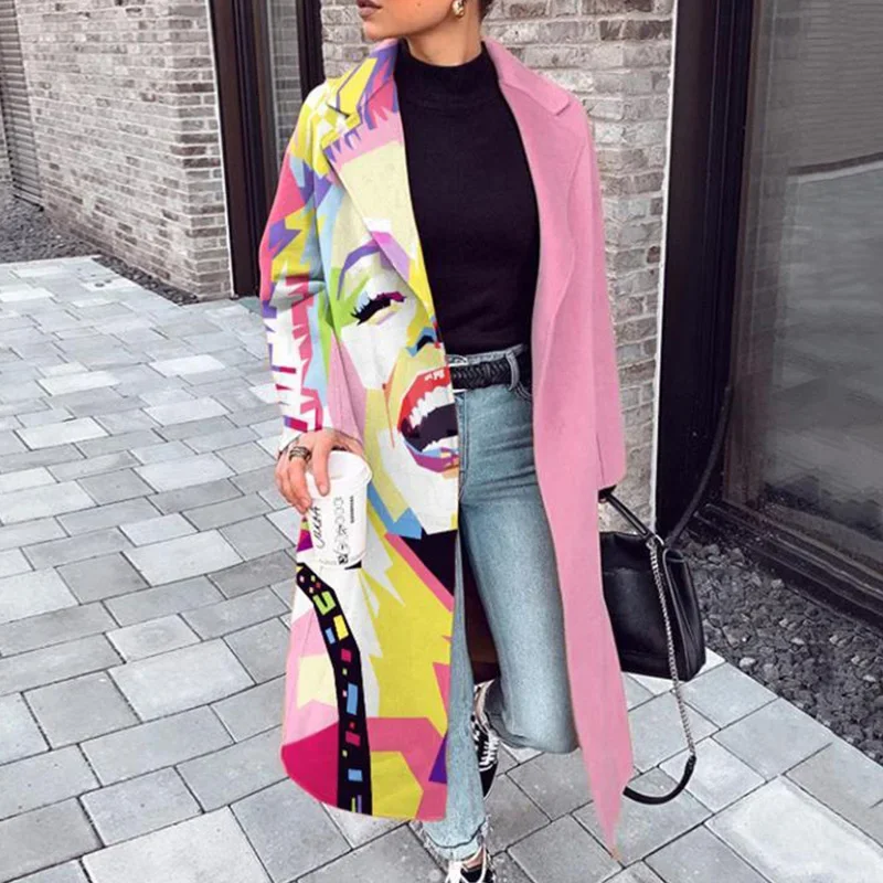 

Casual Lapel Long Sleeve Blend Wool Coats Fashion Portrait Print Women Long Overcoat Winter Elegant Lady Cardigan Outerwear