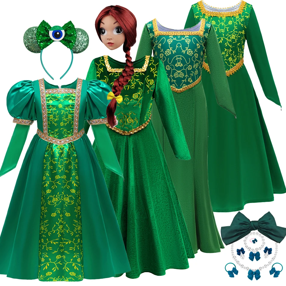 

Fiona Cosplay Child Girls Fantasy Green Dress Clothing Cartoon Monster Costume Disguise Kids Roleplay Fantasia Outfits Children