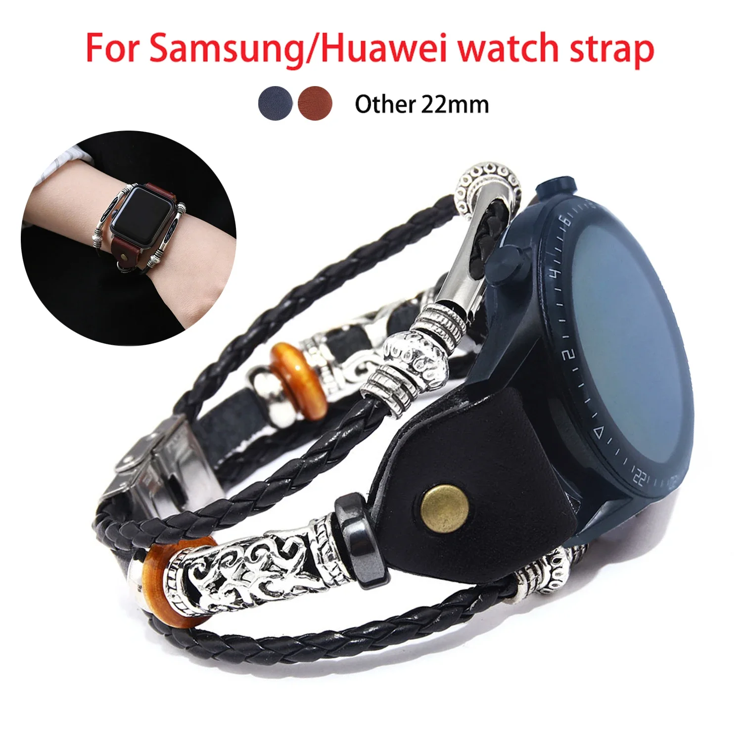 22mm Band Leather Strap for Huawe Watch GT2 46mm Genuine Retro Strap for Samsung Galaxy Watch 3 45mm 46mm S3 Bracelet Wristband