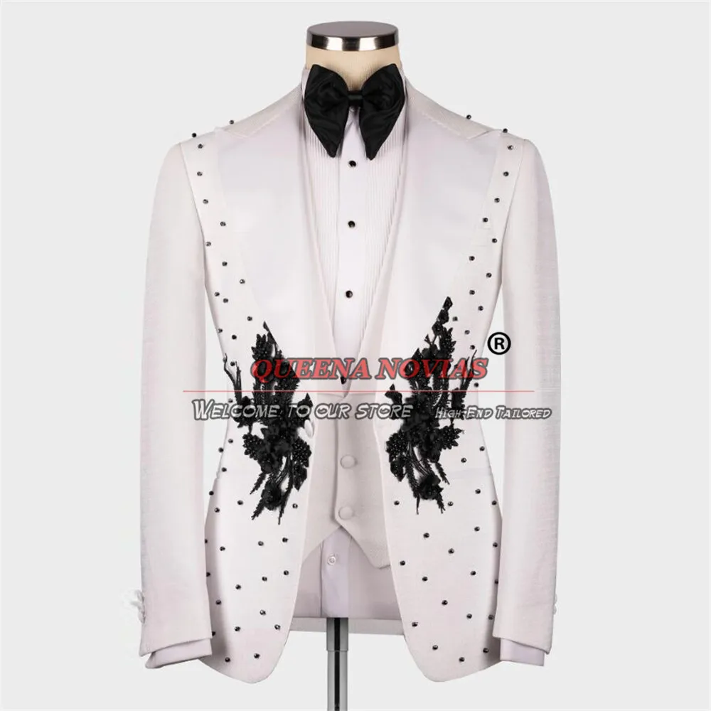 Luxury Pearls Beaded Embroidered Groom Wedding Tuxedos Customized 3 Pieces Sets Suits Men Slim Fit Man Chic Banquet Prom Blazers