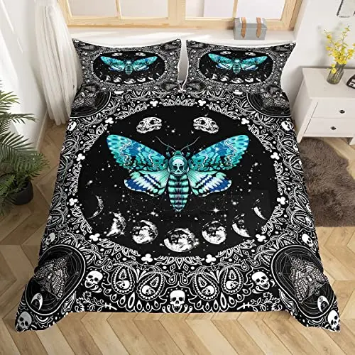 Skull Rose Skeleton Theme Duvet Cover Set Polyester Comforter Cover with Pillowcase for Kid Boy Teen King Queen Size Bedding Set