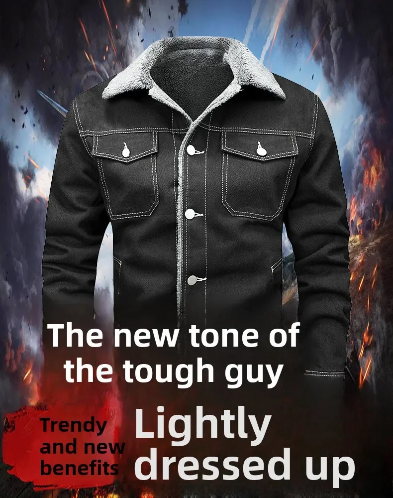 Jaqueta jeans masculina de lã quente jaqueta de algodão interno para outono e inverno casual ao ar livre plus size jaqueta de trabalho pode ser50-100kg