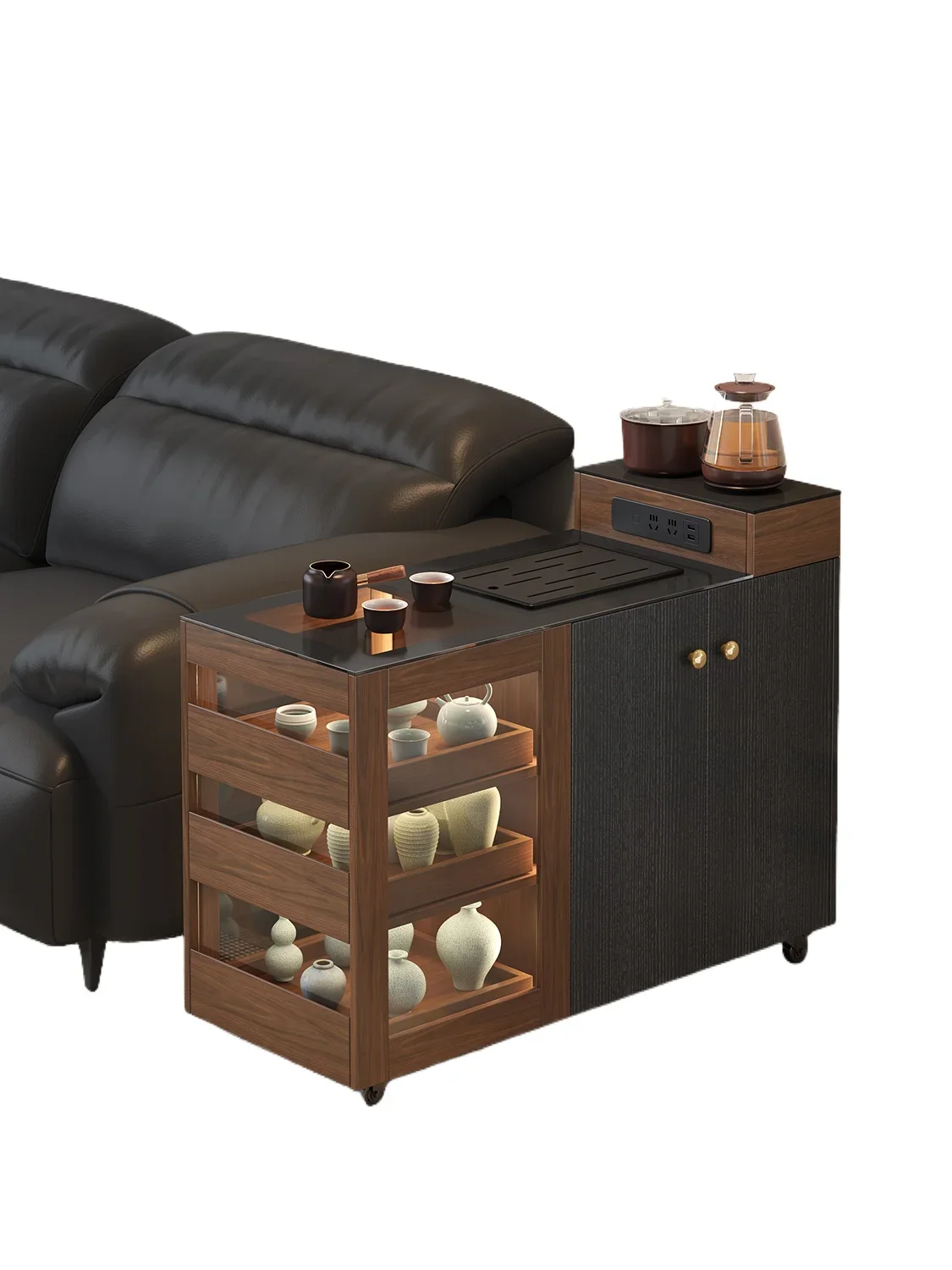 A few tea cabinets on the side of the movable sofa, a kettle to make tea, an integrated medieval style sofa side cabinet