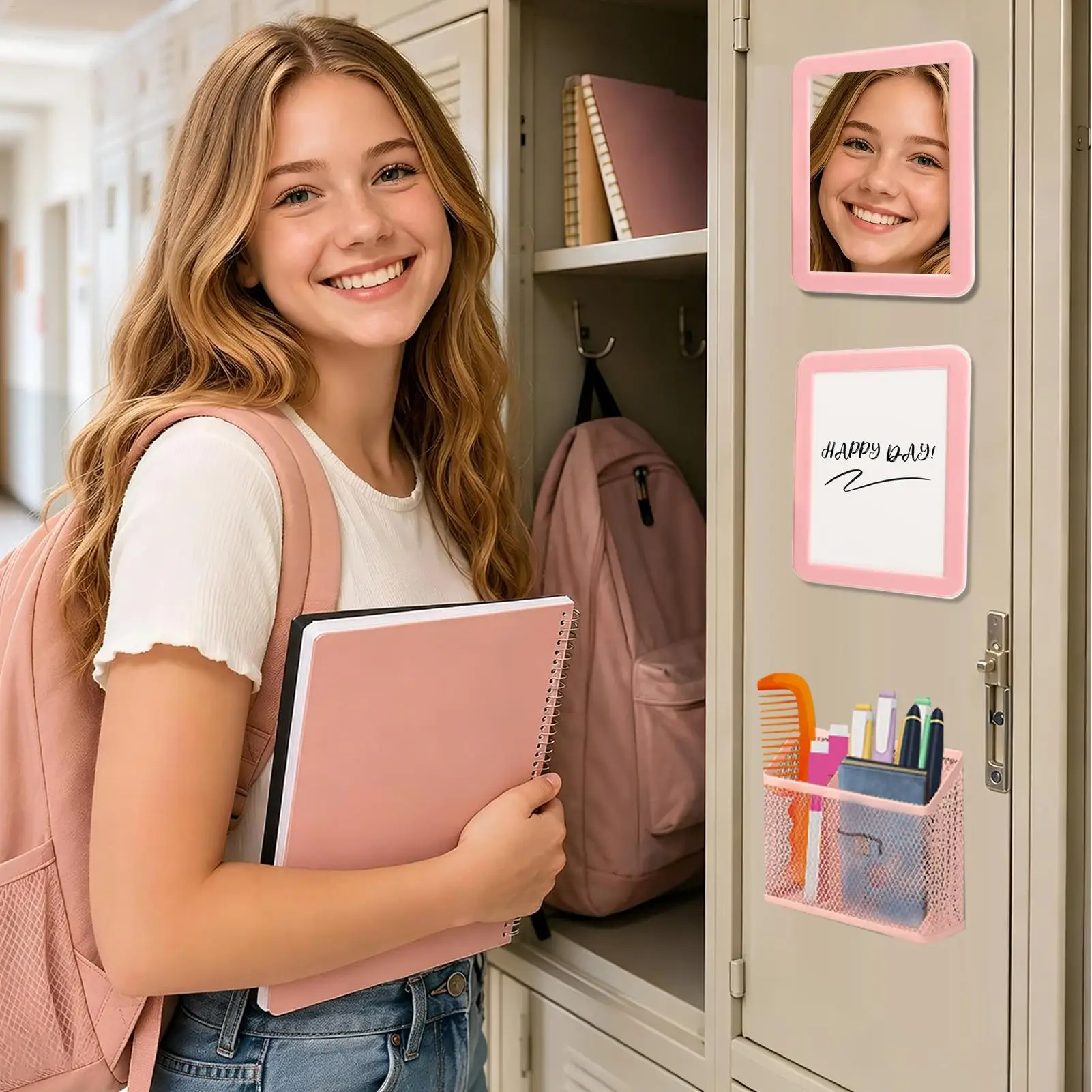 Locker Accessories For Girls, Cute Mirror Dry Erase Markers Pen Holder Magnetic for School Classroom Dorm Office Gym Women
