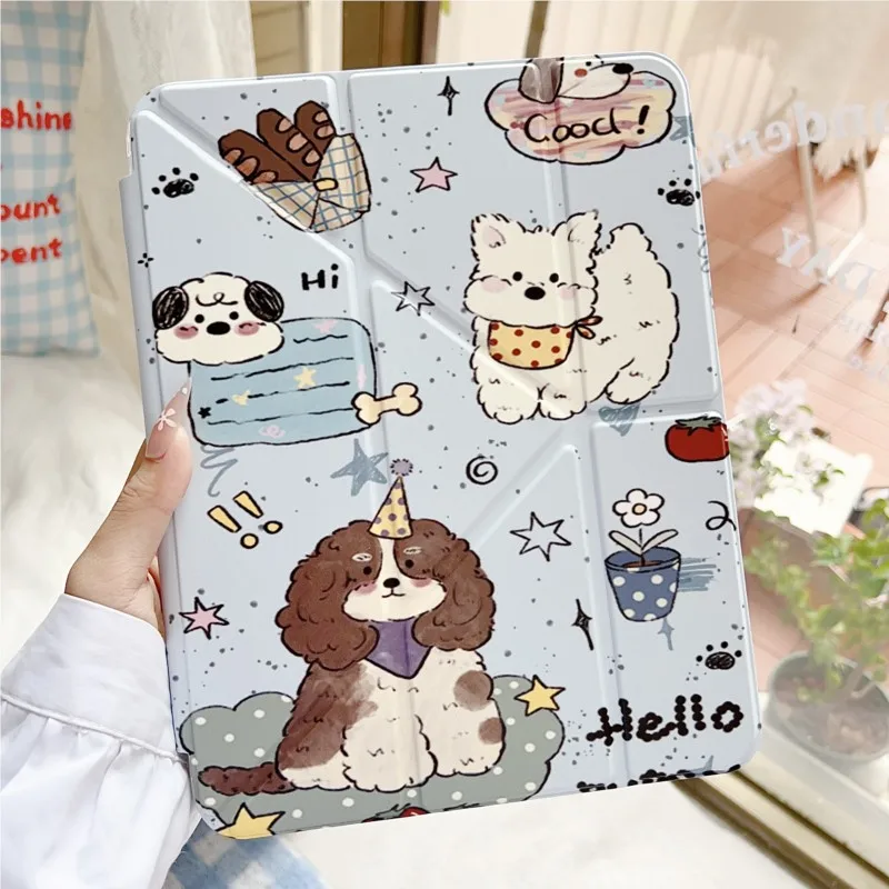 Cute Puppy Cartoon Print 3+Y Foldable with Pencil Holder Tablet Case for iPad 10th Gen 10.9 A16 A19 Air4/5 10.9 Shockproof Cover