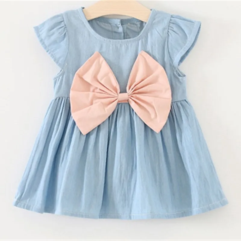 

Korean Style Children's Dress Summer New Pure Color Front Large Bow Knot Denim Dress Girls Skirt Cotton Material Spring Autumn