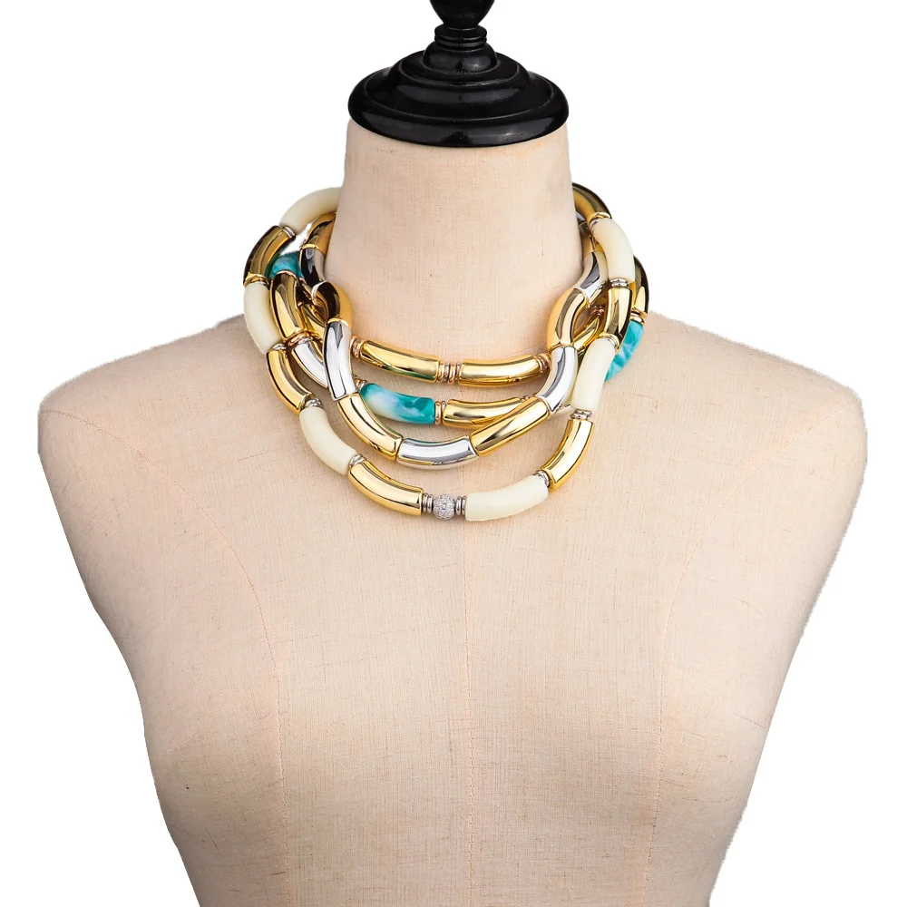 New Bohemia Acrylic Chunky Bamboo Bracelets for Women Boho Resin Elastic Tube Beads Necklace 2024 Fashion Jewelry