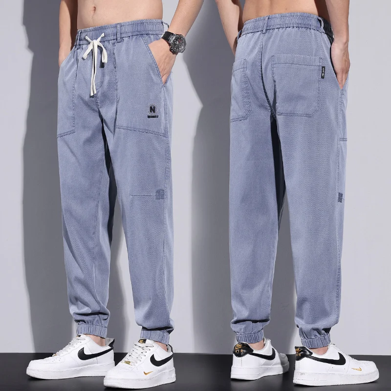 Calça casual bordada com estilo básico masculina, calça fina e elástica com cordão, roupa coreana, vitalidade juvenil, verão, 2024