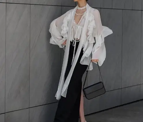 

Spring and Summer New Ruffled Ribbon Tencel Silk Shirt 2025 Fashionable Women's Top
