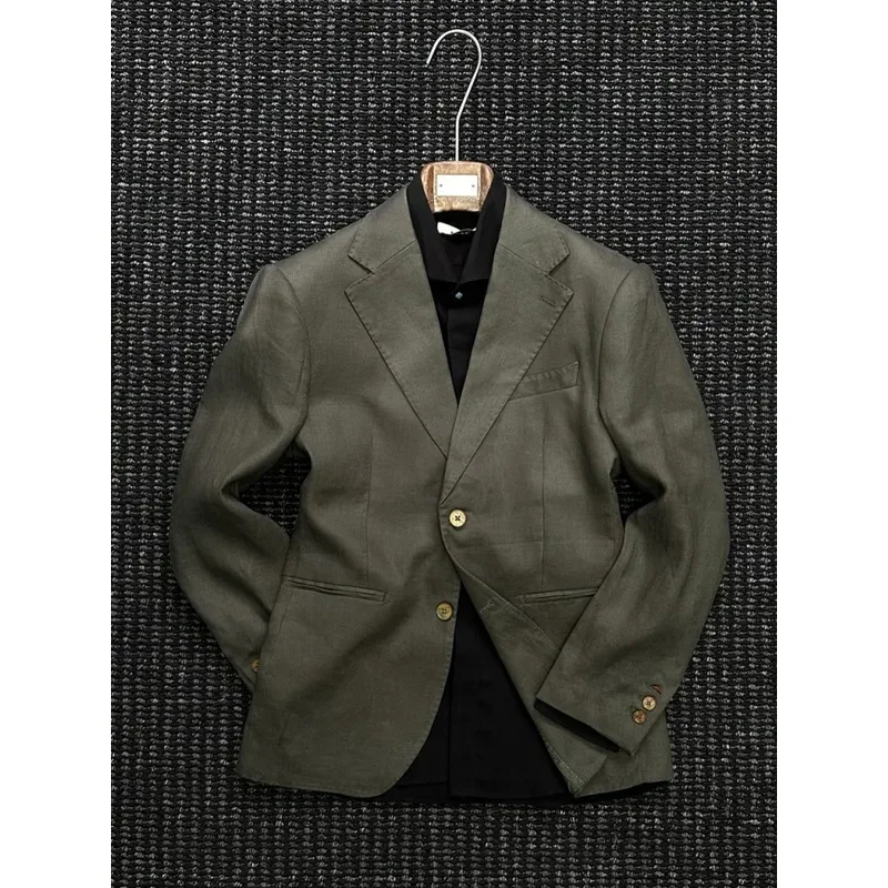 Men Linen Blazer Spring Summer Thin Breathable Cotton‑Linen Slim Fit Business Casual Suit Jacket